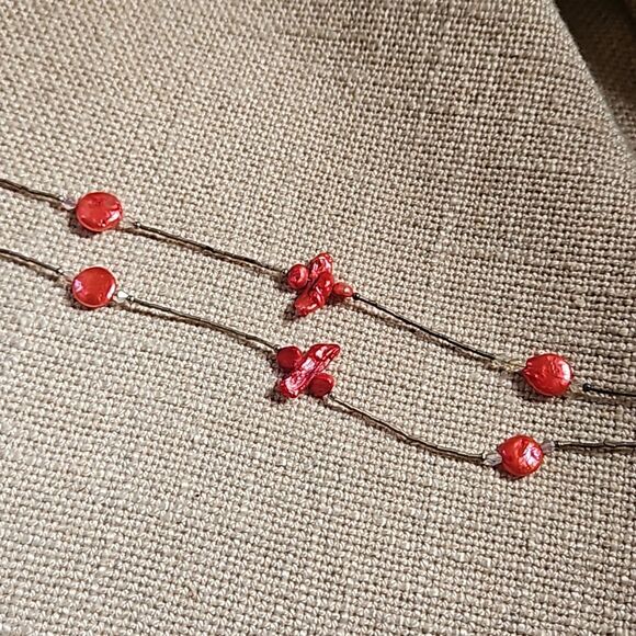 Long 40" Liquid Silver, Crystal and Pearlized Shell Necklace - Coral Red - Picture 8 of 8